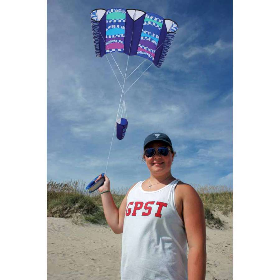 Large Power Sled 24 Kite featuring colorful ripstop polyester design flying high in a clear blue sky, measuring 95 x 44.5 inches.