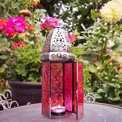 Large Red & Pink Hex Glass Tealight Lantern showcasing a hexagonal design with textured glass panels and a domed metal top, perfect for cozy lighting.