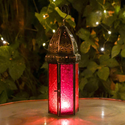 Large Red & Pink Hex Glass Tealight Lantern showcasing a hexagonal design with textured glass panels and a domed metal top, perfect for cozy lighting.