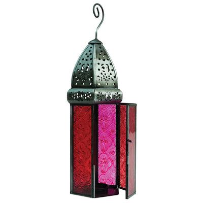 Large Red & Pink Hex Glass Tealight Lantern showcasing a hexagonal design with textured glass panels and a domed metal top, perfect for cozy lighting.