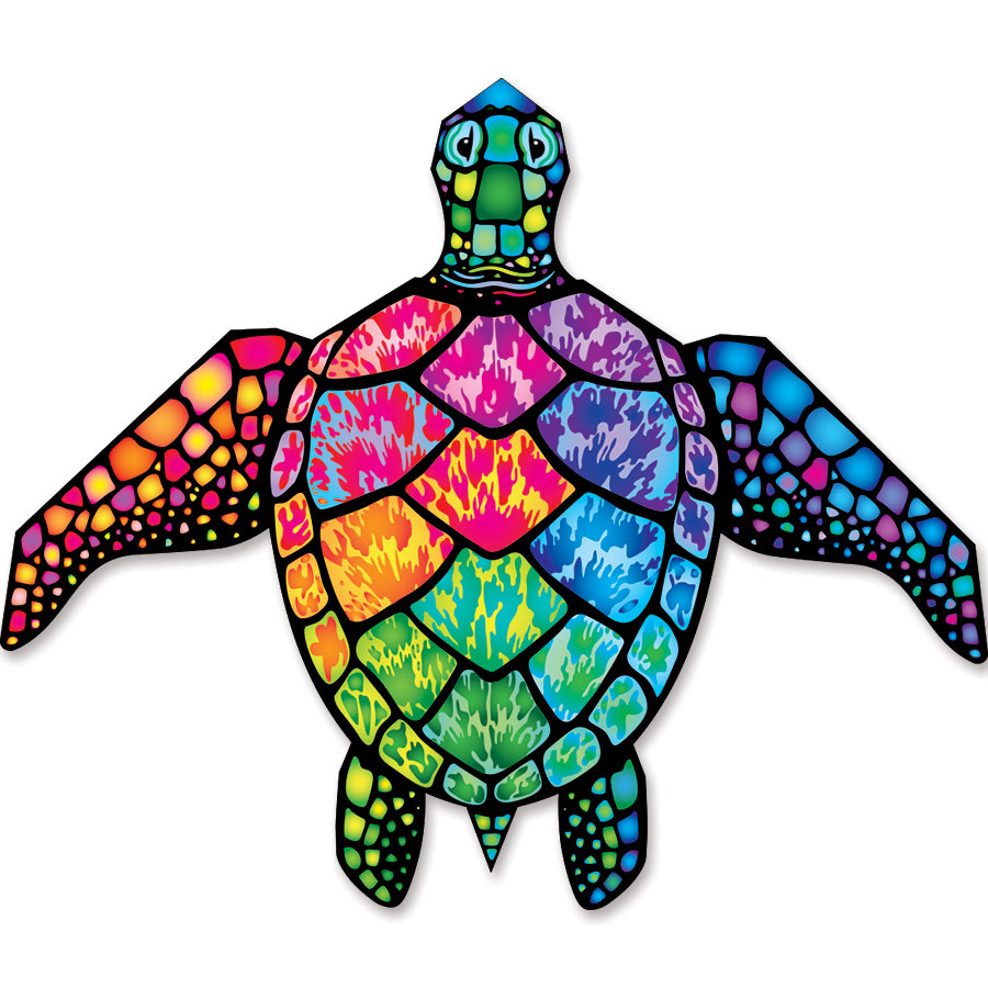 Large Sea Turtle Kite in rainbow colors displayed in the sky, measuring 65x54 inches, designed for stable and vibrant flying.