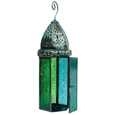 Large teal and green hex glass tealight lantern with beautiful stamped glass panels and metal frame, hanging in an outdoor setting.