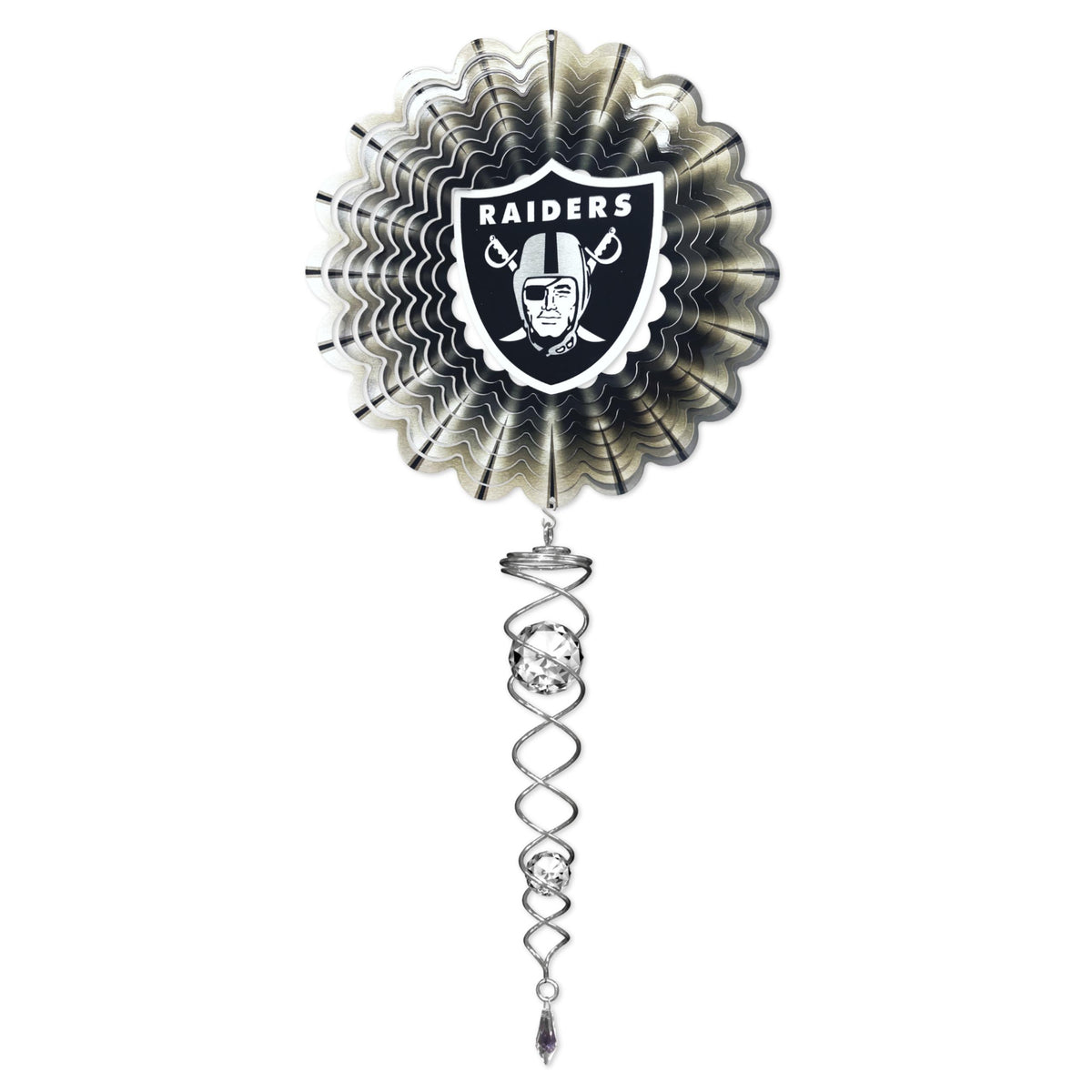 Las Vegas Raiders wind spinner mini set with a 6.5-inch spinner and 7.5-inch crystal twister, showcasing team colors and movement in a garden.