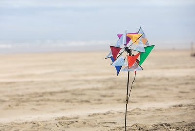 Laser Rainbow Glasshouse Wind Spinner featuring colorful two-wheeled design displayed standing in a garden with blue sky backdrop.