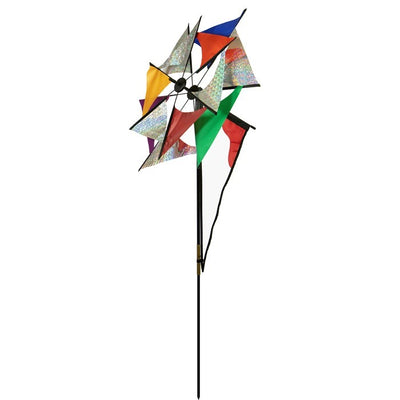 Laser Rainbow Glasshouse Wind Spinner featuring colorful two-wheeled design displayed standing in a garden with blue sky backdrop.
