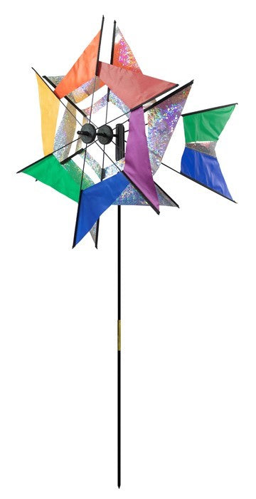 Laser Rainbow Kaleidoscope Ground Spinner featuring two colorful wheels spinning in a garden setting, designed for vibrant outdoor display.