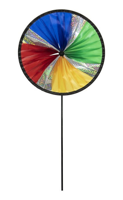 Laser Spinning Runner with an 8-inch colorful wheel spinning in the outdoor breeze, designed for vibrant garden aesthetics.