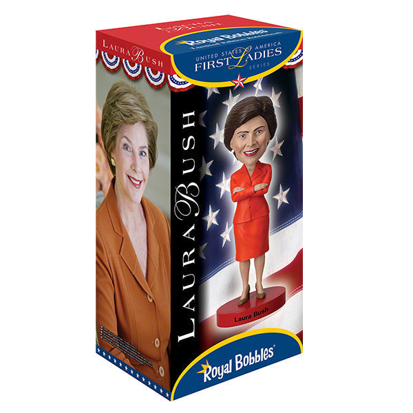 Laura Bush Bobblehead featuring a detailed likeness of the former First Lady, approximately 7 inches tall, showcasing her elegant style and warm smile.