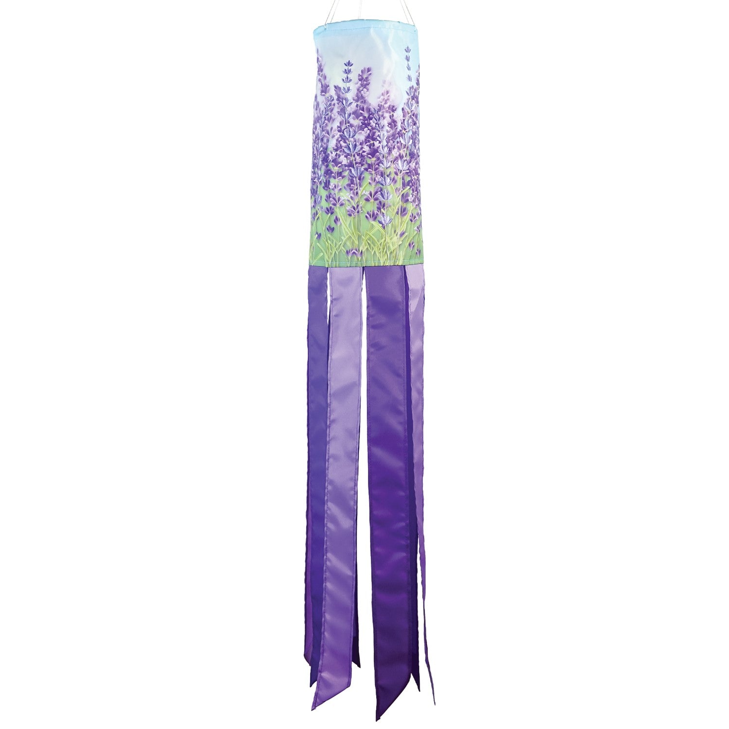 Lavender 40' Inspiration Windsock featuring vibrant colors and detailed designs, gracefully hanging outdoors ready to catch the breeze.