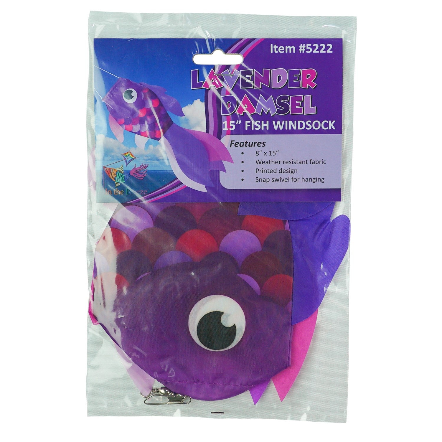 15-inch Lavender Damsel Fish windsock displaying colorful fins fluttering in the breeze against a garden backdrop.