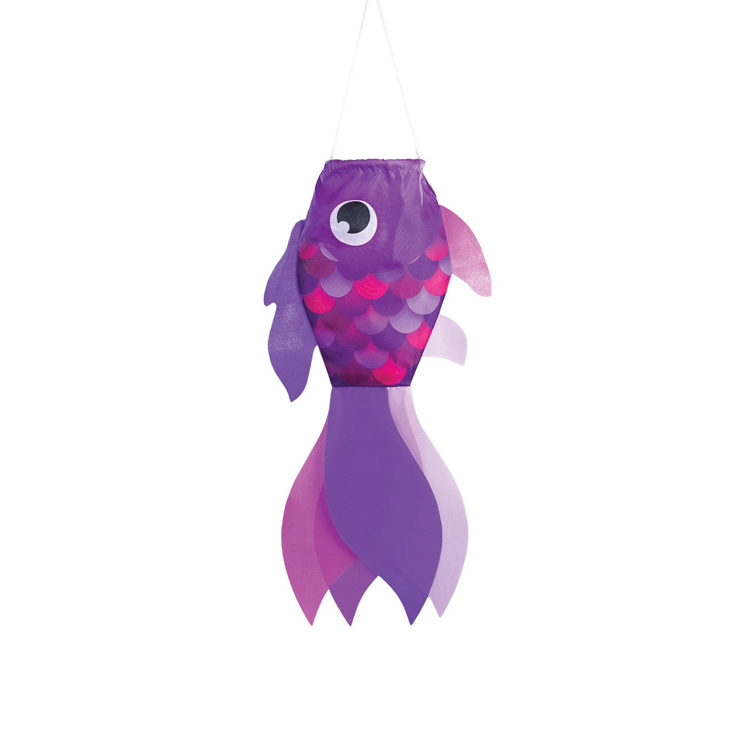 15-inch Lavender Damsel Fish windsock displaying colorful fins fluttering in the breeze against a garden backdrop.