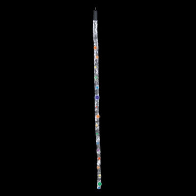 L.E.D. Tail Light - Rainbow showcasing 17 colorful LEDs embedded in silver sheer fabric, lighting up a kite flying in a clear evening sky.