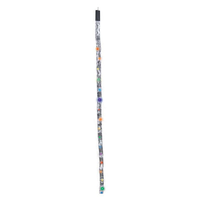 L.E.D. Tail Light - Rainbow showcasing 17 colorful LEDs embedded in silver sheer fabric, lighting up a kite flying in a clear evening sky.