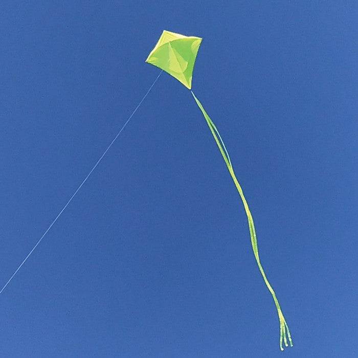 Lemon Colorfly 30-inch diamond kite soaring in a clear blue sky, showcasing its vibrant yellow color and three tails for stability.