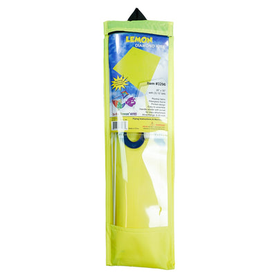 Lemon Colorfly 30-inch diamond kite soaring in a clear blue sky, showcasing its vibrant yellow color and three tails for stability.