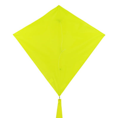 Lemon Colorfly 30-inch diamond kite soaring in a clear blue sky, showcasing its vibrant yellow color and three tails for stability.