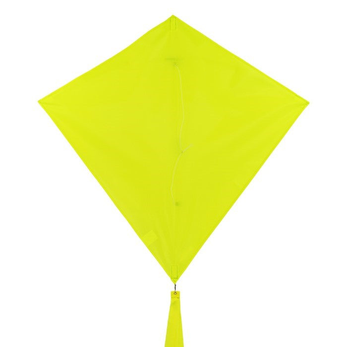 Lemon Colorfly 30-inch diamond kite soaring in a clear blue sky, showcasing its vibrant yellow color and three tails for stability.