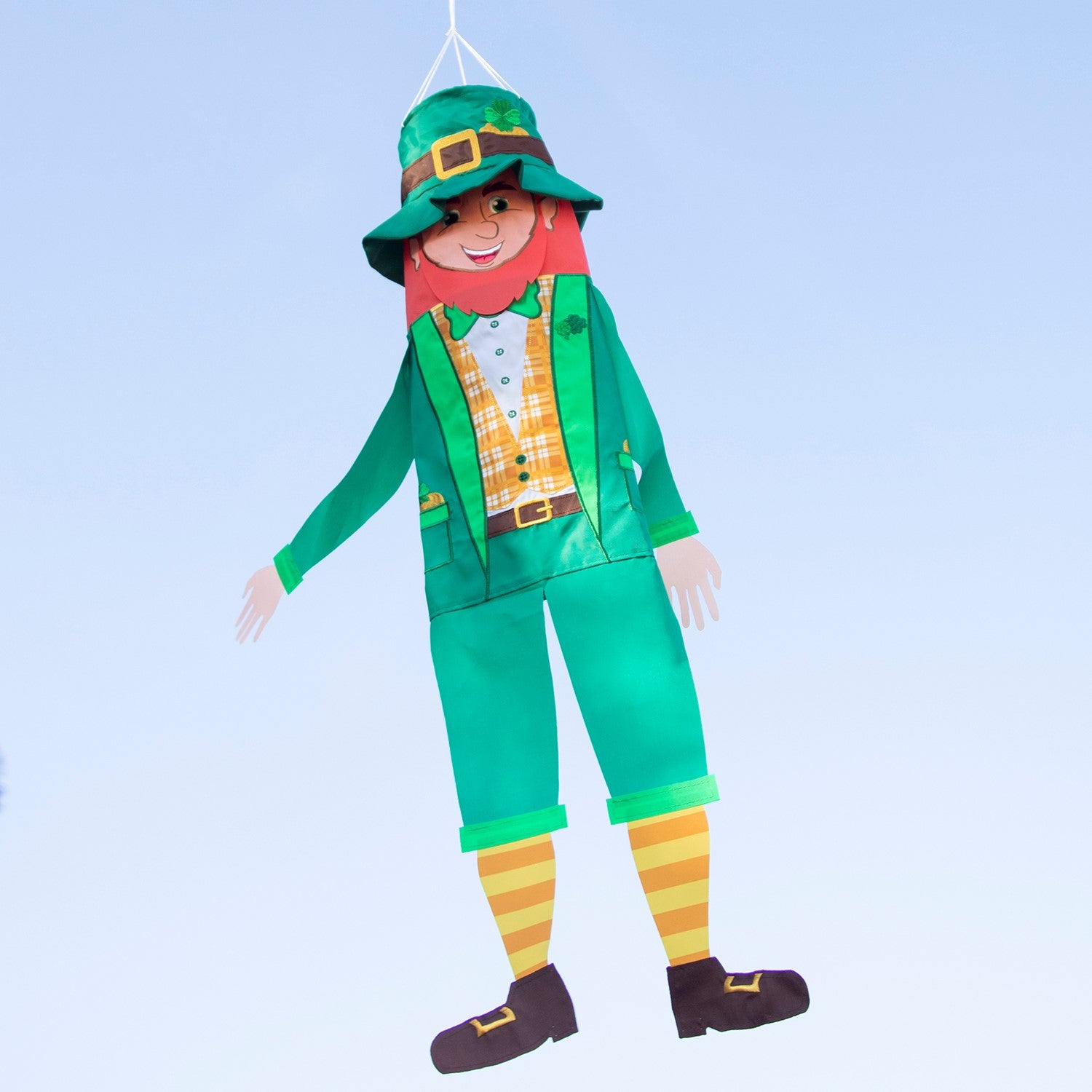 Leprechaun 40-inch Breeze Buddy windsock featuring colorful design for St. Patrick's Day displayed outdoors, capturing the spirit of luck.