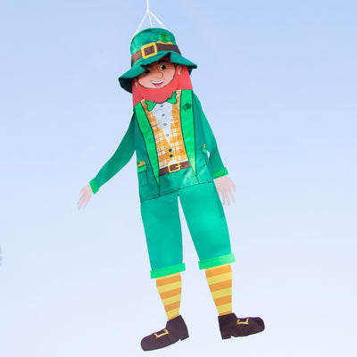 Leprechaun 40-inch Breeze Buddy windsock featuring colorful design for St. Patrick's Day displayed outdoors, capturing the spirit of luck.