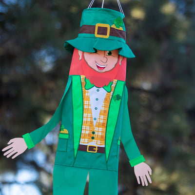 Leprechaun 40-inch Breeze Buddy windsock featuring colorful design for St. Patrick's Day displayed outdoors, capturing the spirit of luck.