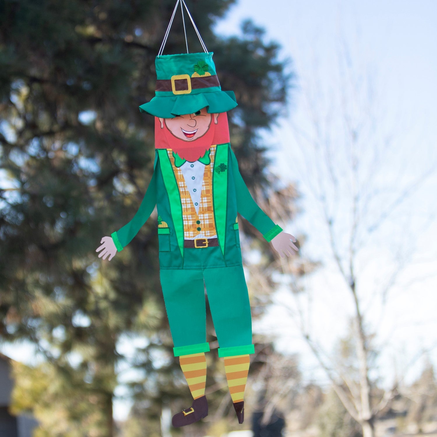 Leprechaun 40-inch Breeze Buddy windsock featuring colorful design for St. Patrick's Day displayed outdoors, capturing the spirit of luck.