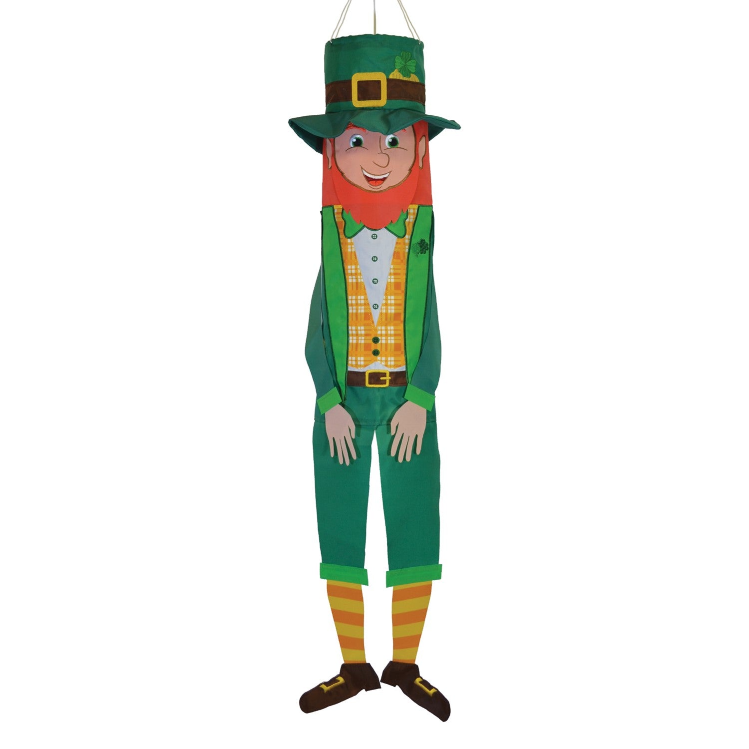 Leprechaun 40-inch Breeze Buddy windsock featuring colorful design for St. Patrick's Day displayed outdoors, capturing the spirit of luck.