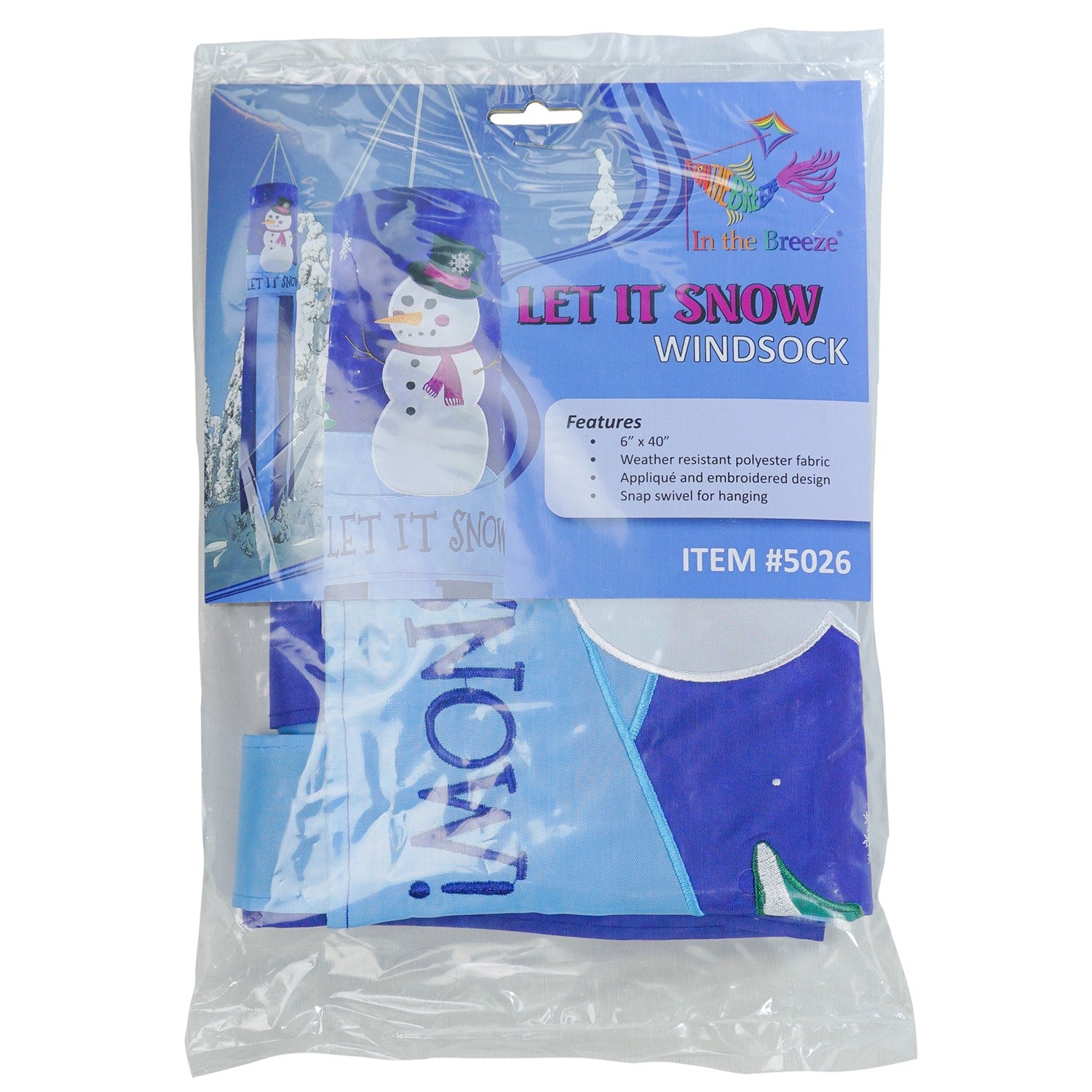 Let It Snow windsock featuring a cheerful snowman design with fluttering tails, perfect for festive winter outdoor decor that adds seasonal charm.