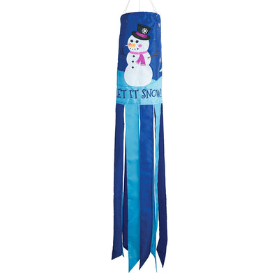 Let It Snow windsock featuring a cheerful snowman design with fluttering tails, perfect for festive winter outdoor decor that adds seasonal charm.