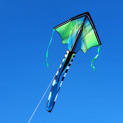 Lg. Easy Flyer Kite in Lime Neontech soaring in a blue sky, showcasing its large size of 46 x 90 inches during a sunny day.