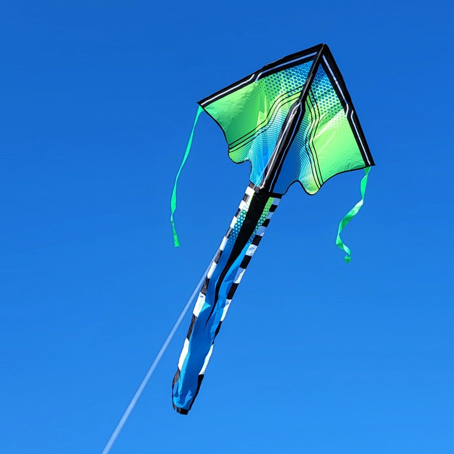 Lg. Easy Flyer Kite in Lime Neontech soaring in a blue sky, showcasing its large size of 46 x 90 inches during a sunny day.