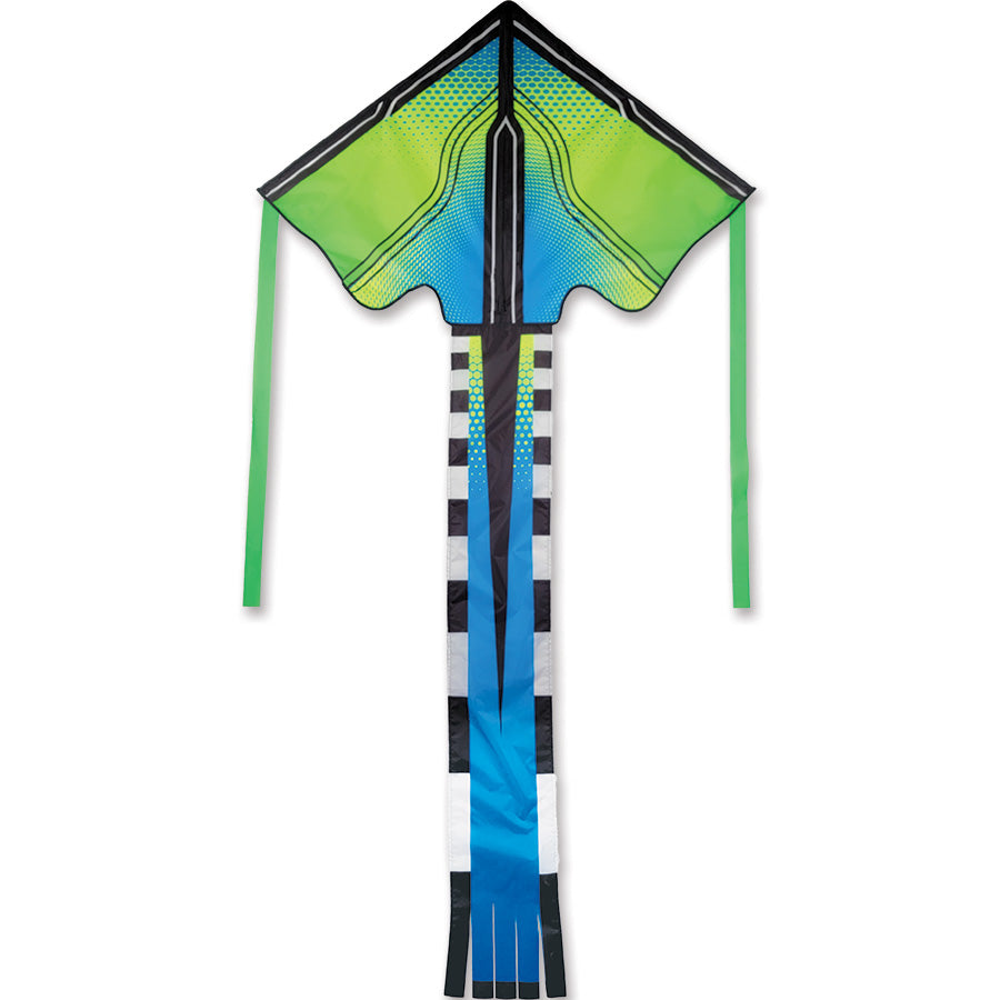 Lg. Easy Flyer Kite in Lime Neontech soaring in a blue sky, showcasing its large size of 46 x 90 inches during a sunny day.