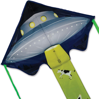Lg. Easy Flyer Kite in UFO design measuring 46x90 inches, featuring a playful theme, soaring high in a blue sky with clouds.
