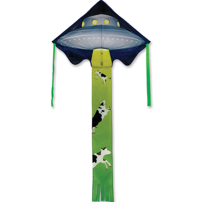 Lg. Easy Flyer Kite in UFO design measuring 46x90 inches, featuring a playful theme, soaring high in a blue sky with clouds.