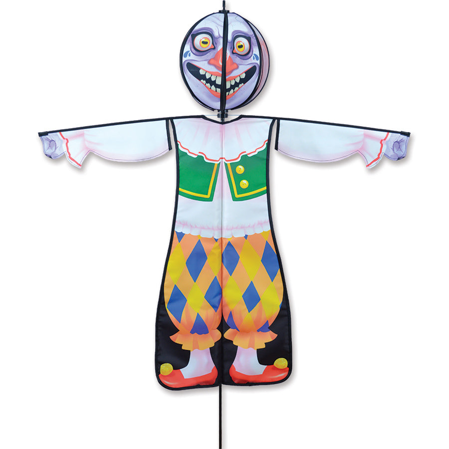 Lg. Spinning Friend - Evil Clown garden decoration with a spinning head, displayed in an outdoor setting, enhancing Halloween festivities.