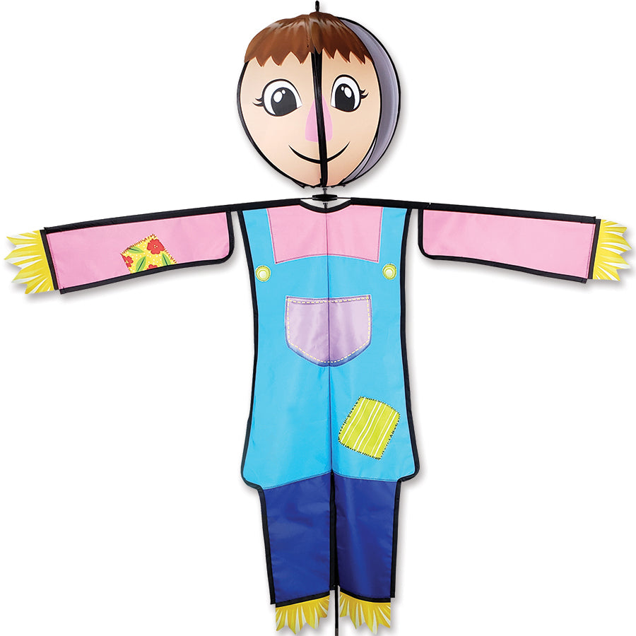 Lg. Spinning Friend - Susie Scarecrow is a lively outdoor decoration with a spinning head, showcasing bright colors perfect for Halloween.