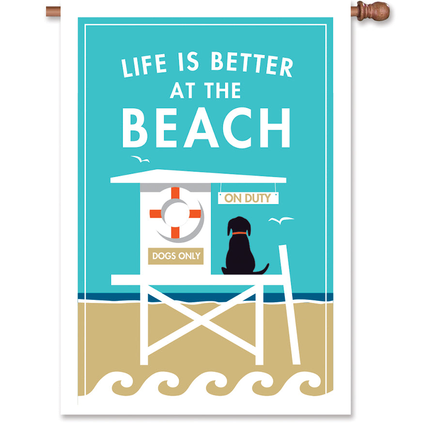 28 in. Life Is Better At The Beach flag featuring a black labrador on a lifeguard stand, designed with vibrant colors for outdoor display.