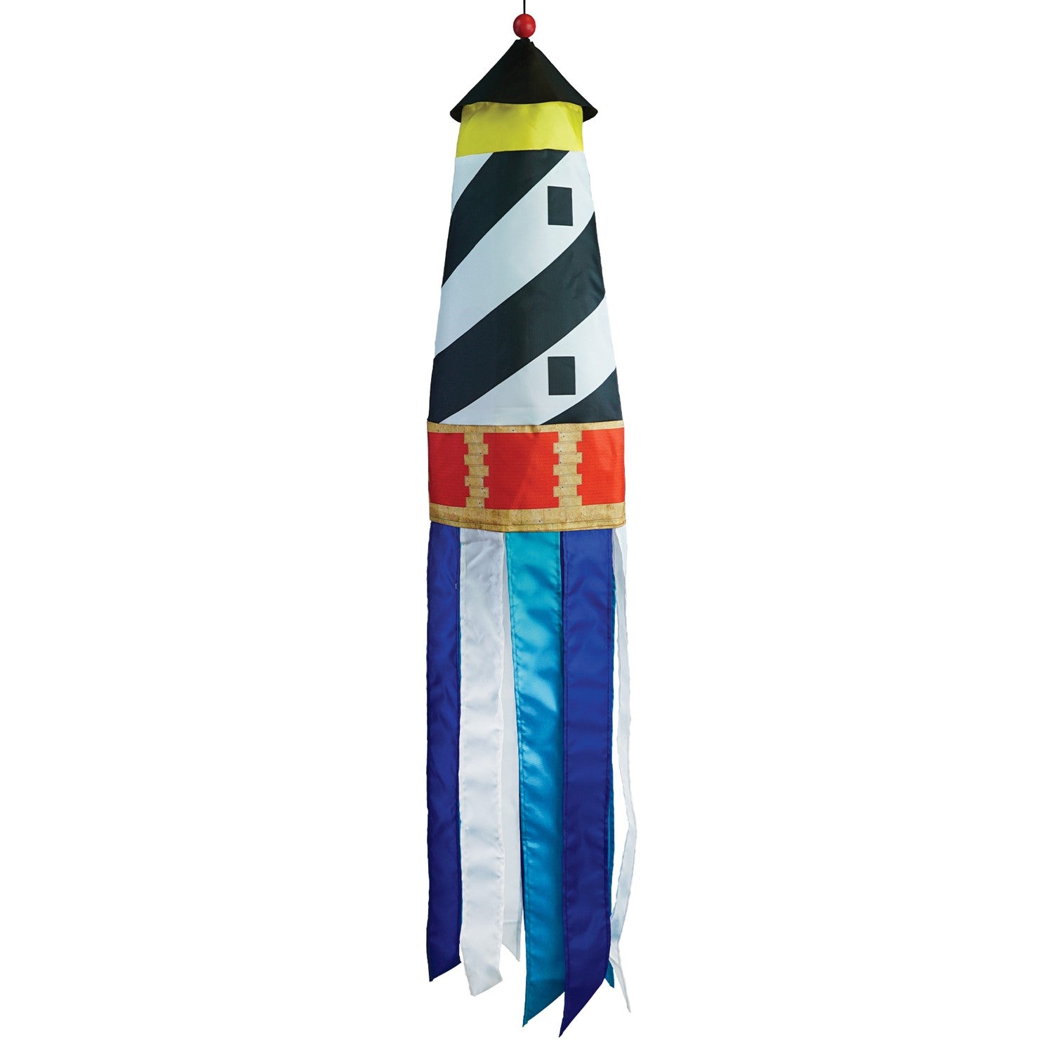 Lighthouse 3D Windsock featuring a colorful lighthouse design with fluttering tails, hanging outdoors in a breezy garden setting.