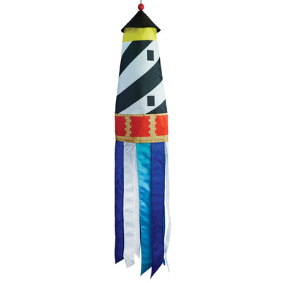 Lighthouse 3D Windsock featuring a colorful lighthouse design with fluttering tails, hanging outdoors in a breezy garden setting.