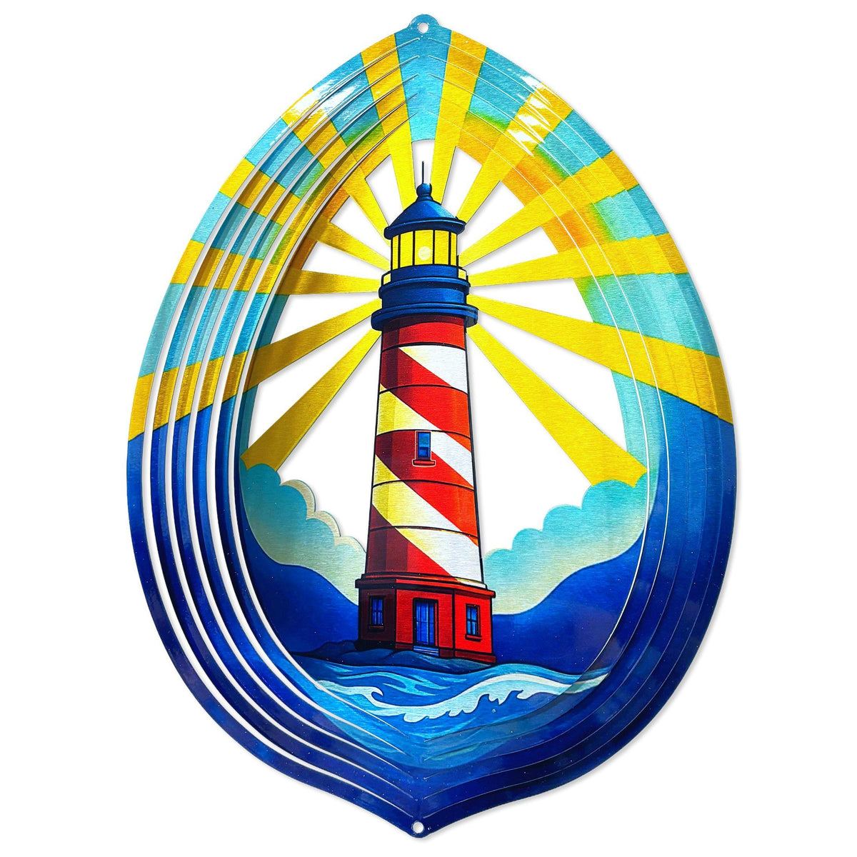 Vibrant 12-inch Lighthouse Wind Spinner made of powder-coated stainless steel, spinning in the breeze outdoors with colorful artwork.