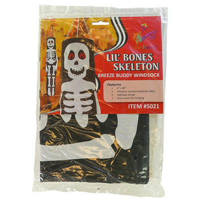 Lil' Bones Skeleton 3D windsock, 40 inches long, featuring playful applique skeleton bones and vibrant fluttering tails against a backdrop of blue sky.