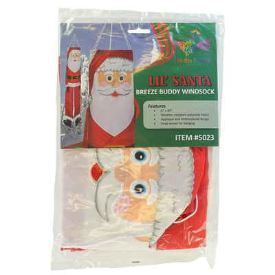 Lil' Santa Claus 3D 40" Windsock with vibrant colors, complete with free-flowing arms and tails, hanging outdoors to celebrate the holiday season.