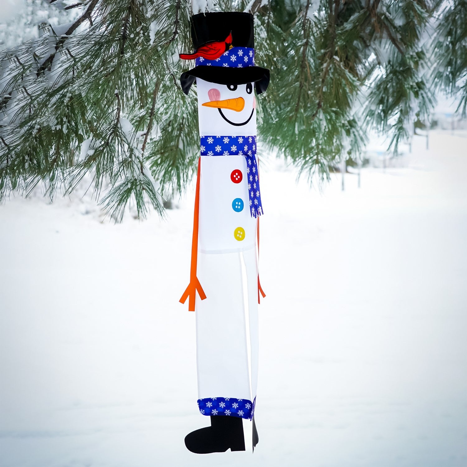 Lil' Snowman 3D 40-inch windsock with a playful snowman design and colorful tails, hanging outdoors in a winter setting.