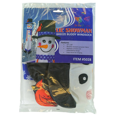 Lil' Snowman 3D 40-inch windsock with a playful snowman design and colorful tails, hanging outdoors in a winter setting.