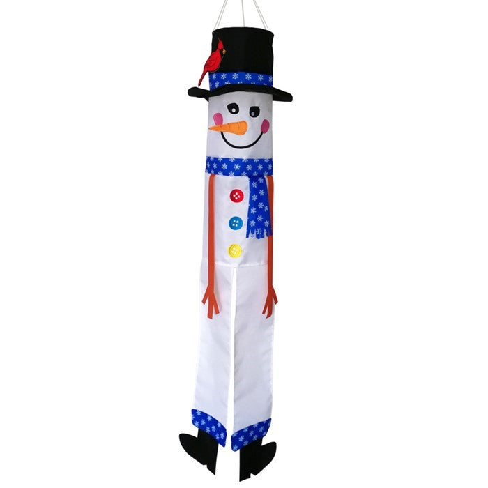 Lil' Snowman 3D 40-inch windsock with a playful snowman design and colorful tails, hanging outdoors in a winter setting.