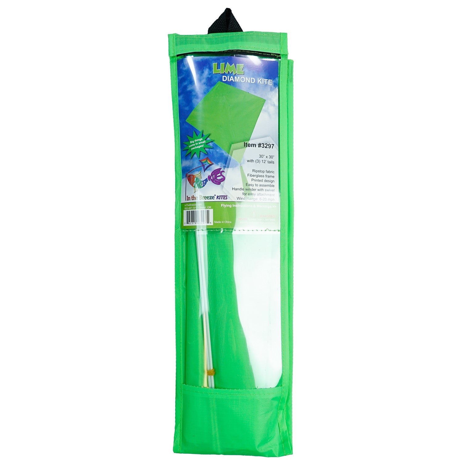 Vibrant Lime Colorfly 30" Diamond Kite soaring in a clear blue sky, with three colorful tails fluttering behind it.