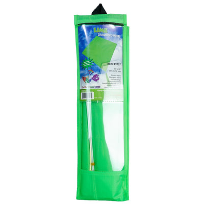 Vibrant Lime Colorfly 30" Diamond Kite soaring in a clear blue sky, with three colorful tails fluttering behind it.