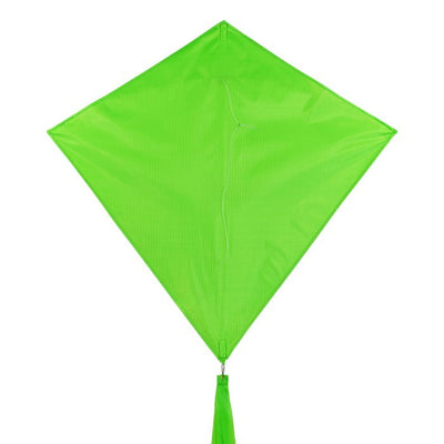 Vibrant Lime Colorfly 30" Diamond Kite soaring in a clear blue sky, with three colorful tails fluttering behind it.