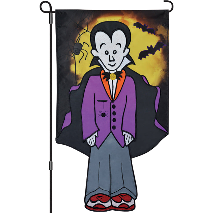 13 in. Little Dracula garden flag showcasing vibrant embroidered design with playful character, displayed on a standard garden flag pole.