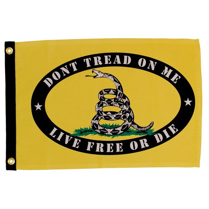 Live Free or Die Lustre 12x18 grommet flag in vibrant colors designed to celebrate freedom and independence, displayed elegantly outdoors.