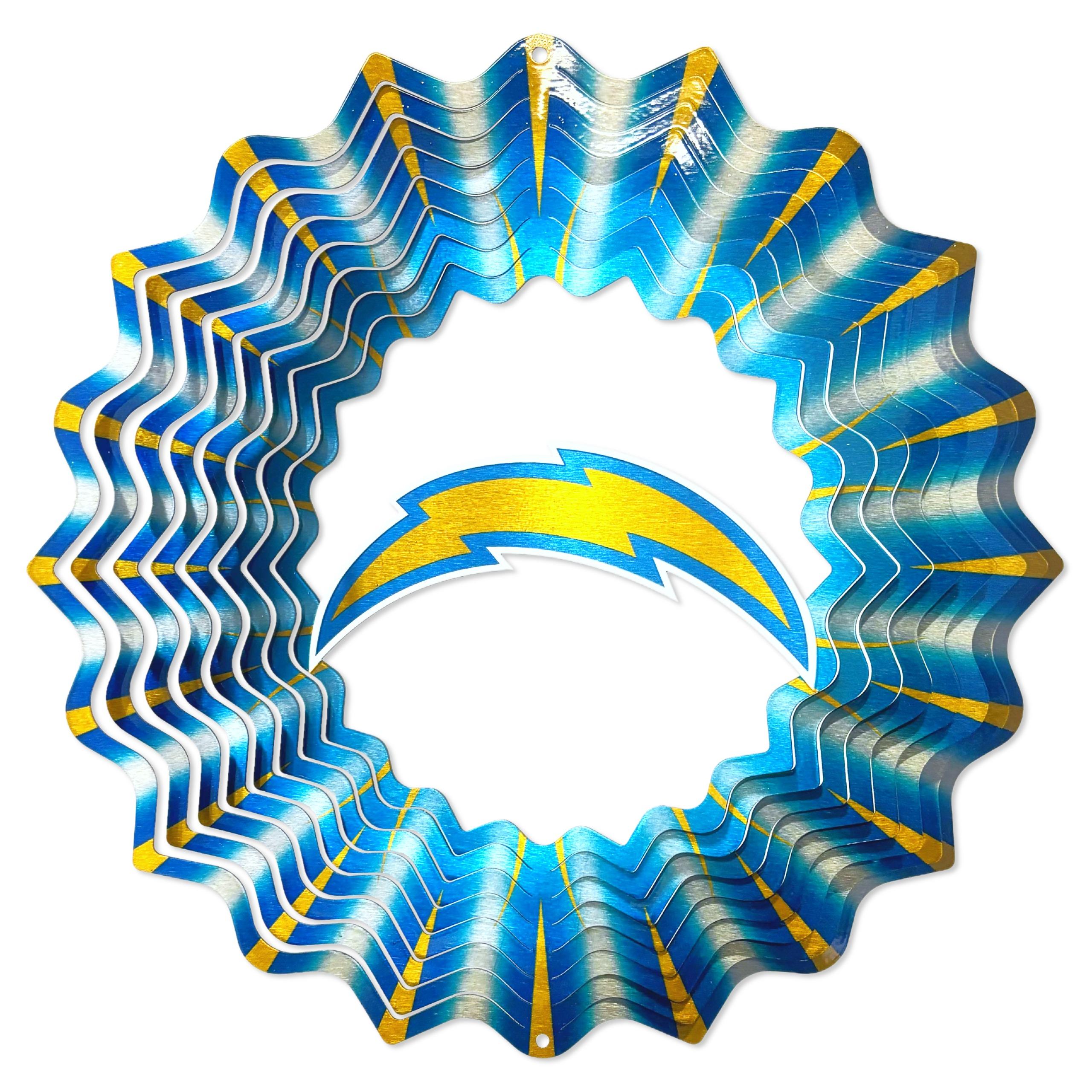 Los Angeles Chargers NFL Wind Spinner featuring dynamic design in a vibrant 12-inch size displayed outdoors in a garden setting, showcasing team pride.